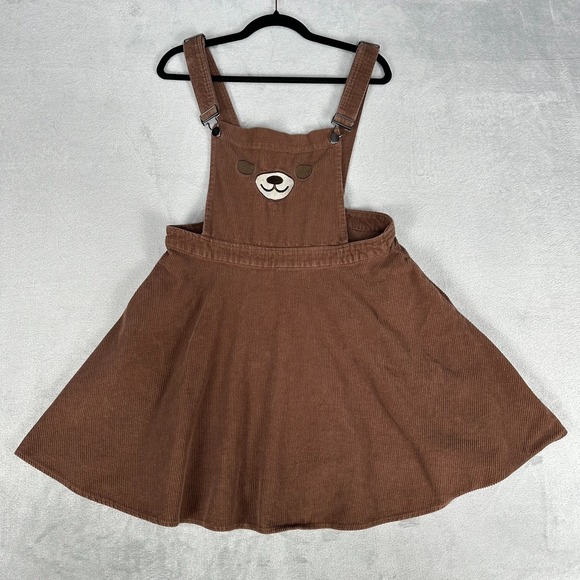 Hot Topic Dresses & Skirts - Hot Topic Brown Corduroy Bear Pinafore Overall Dress Skater Skirt Womens Large